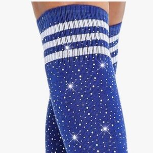 Blue white striped socks crystal rhinestone sexy sport over knee lingerie rave